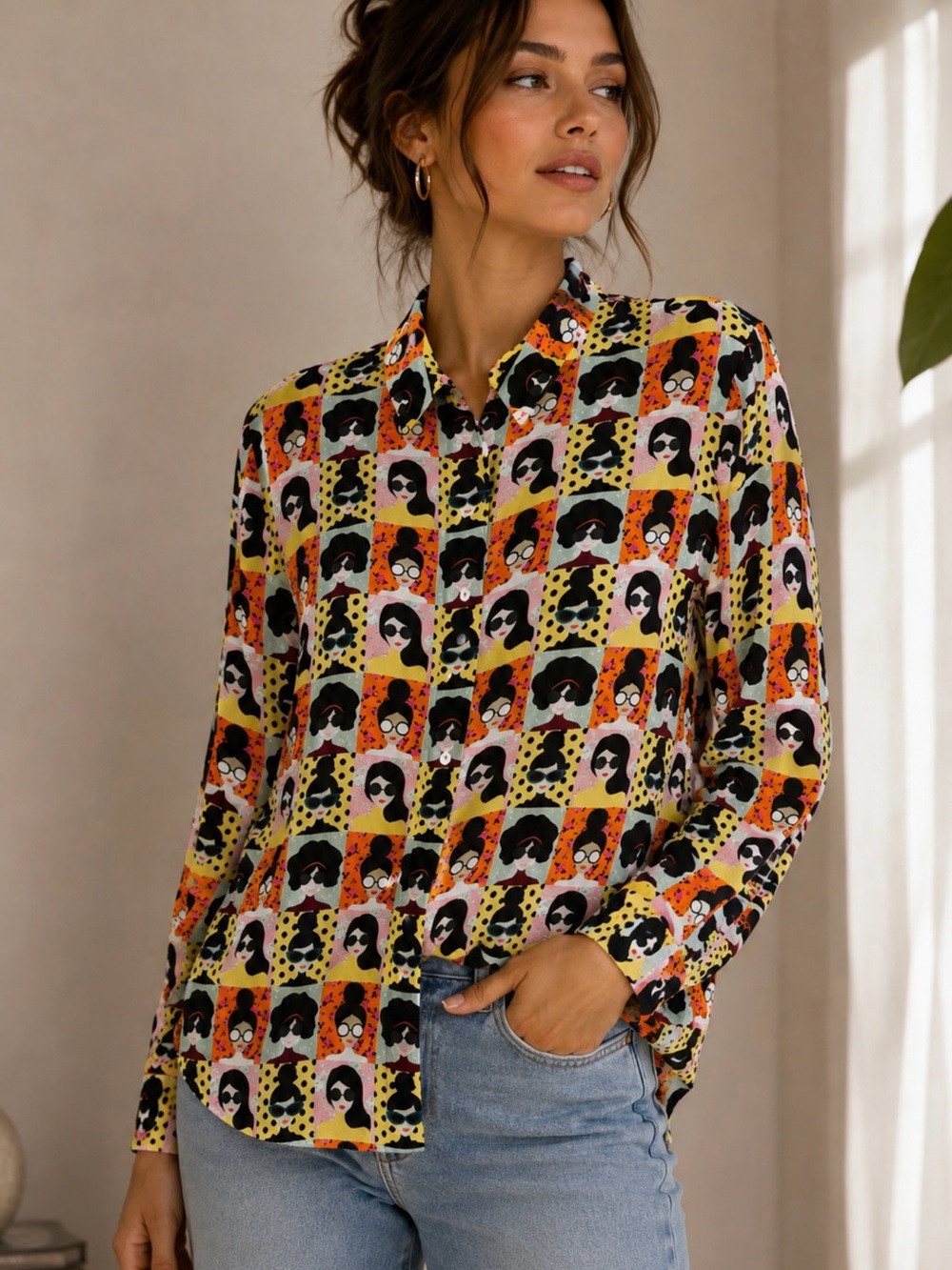 Alice + Olivia Yellow & Orange Pop Art Portrait Button-Up sz M 100% SILK